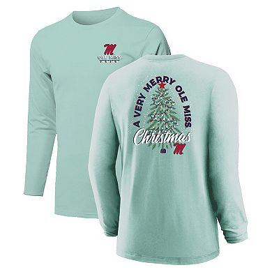 Youth Light Green Ole Miss Rebels Merry Christmas Tree Long Sleeve T-Shirt
