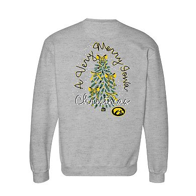 Women's Heather Gray Iowa Hawkeyes Classic Merry Christmas Tree Crewneck Sweatshirt