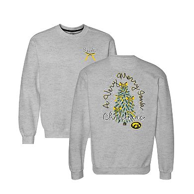 Women's Heather Gray Iowa Hawkeyes Classic Merry Christmas Tree Crewneck Sweatshirt