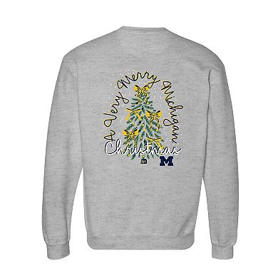 Women's Gray Michigan Wolverines Classic Merry Christmas Tree Crewneck Sweatshirt