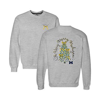 Women's Gray Michigan Wolverines Classic Merry Christmas Tree Crewneck Sweatshirt