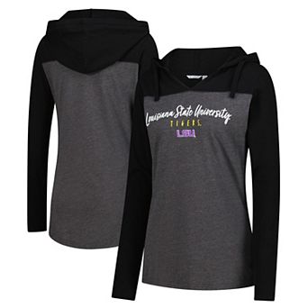 Women's Heather Charcoal LSU Tigers Knockout Color Block Hooded V-Neck Long Sleeve T-Shirt