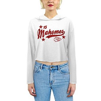 Women's Majestic Threads Patrick Mahomes White Kansas City Chiefs Glitter Wordmark Hoodie