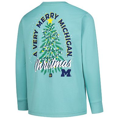 Youth Light Green Michigan Wolverines Merry Christmas Tree Long Sleeve T-Shirt