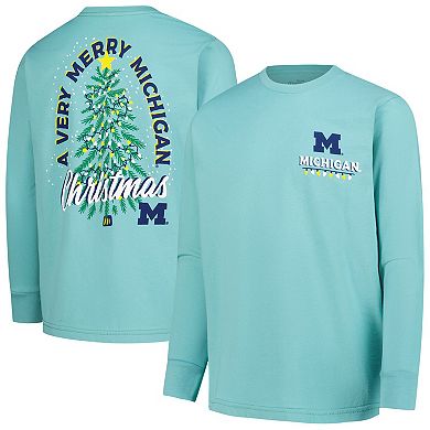 Youth Light Green Michigan Wolverines Merry Christmas Tree Long Sleeve T-Shirt