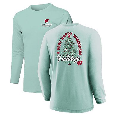 Youth Light Green Wisconsin Badgers Merry Christmas Tree Long Sleeve T-Shirt