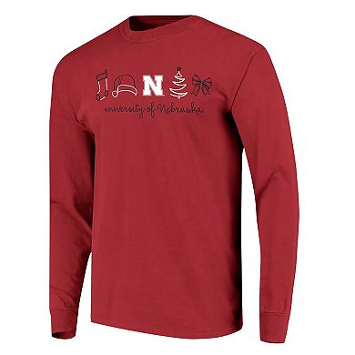 Women's Scarlet Nebraska Huskers Christmas Elements Comfort Colors Long Sleeve T-Shirt
