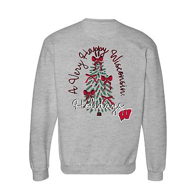 Women's Gray Wisconsin Badgers Classic Merry Christmas Tree Crewneck Sweatshirt