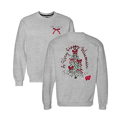 Women's Gray Wisconsin Badgers Classic Merry Christmas Tree Crewneck Sweatshirt