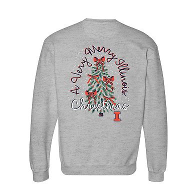 Women's Gray Illinois Fighting Illini Classic Merry Christmas Tree Crewneck Sweatshirt