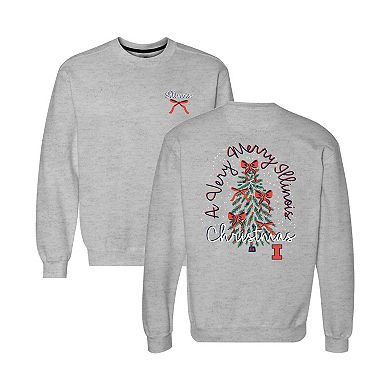 Women's Gray Illinois Fighting Illini Classic Merry Christmas Tree Crewneck Sweatshirt