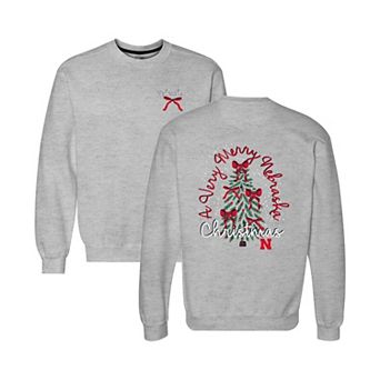 Women's Heather Gray Nebraska Huskers Classic Merry Christmas Tree Crewneck Sweatshirt
