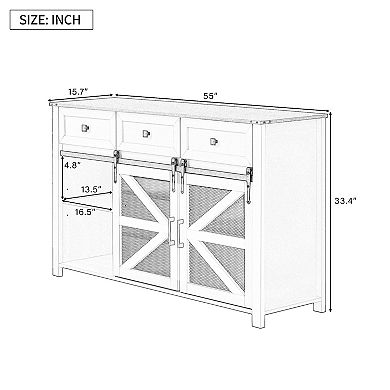 Merax 55'' Sliding Barn Door Sideboard Buffet Cabinet with 3 Drawers, Adjustable Shelves