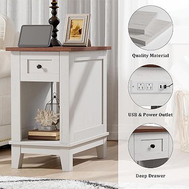IDEALHOUSE Compact Side Table with Single Drawer Brown and White