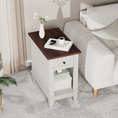 IDEALHOUSE Compact Side Table with Single Drawer Brown and White