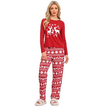 Women's 2 pc Pajama Sets Christmas Deer Long Sleeves Tee and Pants Loungewear