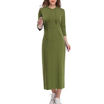 Women's Summer Fall 3/4 Long Sleeve Hooded Drawstring Maxi Dress Casual Pocket Sweatshirt Long Dress