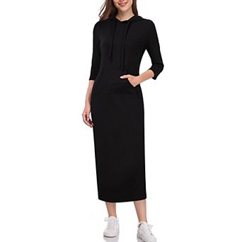 Women's Summer Fall 3/4 Long Sleeve Hooded Drawstring Maxi Dress Casual Pocket Sweatshirt Long Dress