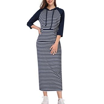 Women's Summer Fall 3/4 Long Sleeve Hooded Drawstring Maxi Dress Casual Pocket Sweatshirt Long Dress