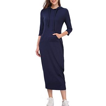 Women's Summer Fall 3/4 Long Sleeve Hooded Drawstring Maxi Dress Casual Pocket Sweatshirt Long Dress