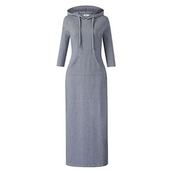 Women's Summer Fall 3/4 Long Sleeve Hooded Drawstring Maxi Dress Casual Pocket Sweatshirt Long Dress