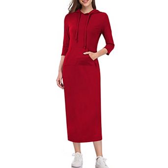 Women's Summer Fall 3/4 Long Sleeve Hooded Drawstring Maxi Dress Casual Pocket Sweatshirt Long Dress
