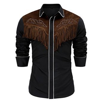 Men's Distressed Suede Patch Shirt, Roll-Up Sleeve Fringe Detail Vintage Festival Top