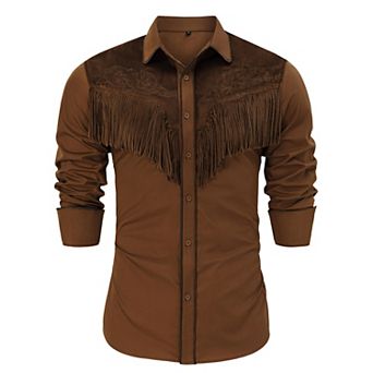 Men's Distressed Suede Patch Shirt, Roll-Up Sleeve Fringe Detail Vintage Festival Top