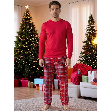 Men's Loungewear Set Long Sleeve Tee with Plaid Pants Family Pajama Sets