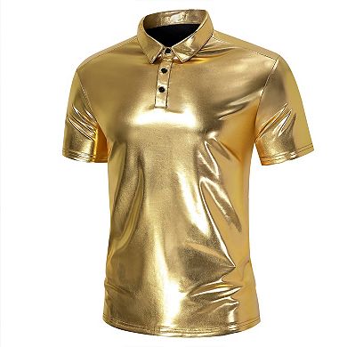 Men's Metallic Shiny Short Sleeve Polo Shirt - Slim-Fit Club Party Performance Casual Top