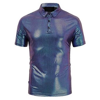 Men's Disco Era Metallic Polo 70s Retro Short Sleeve Party Shirt