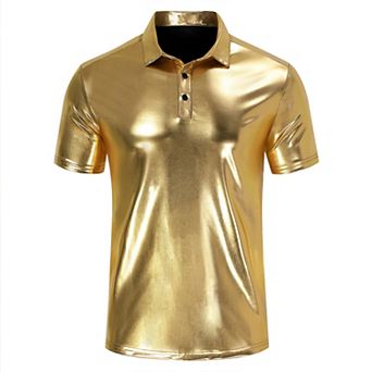 Men's Metallic Shiny Short Sleeve Polo Shirt - Slim-Fit Club Party Performance Casual Top
