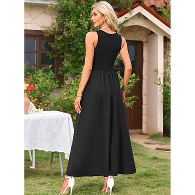 Sleeveless Maxi Dress for Women's Patchwork A-Line Crew Neck Stretchy Casual Tank Dress