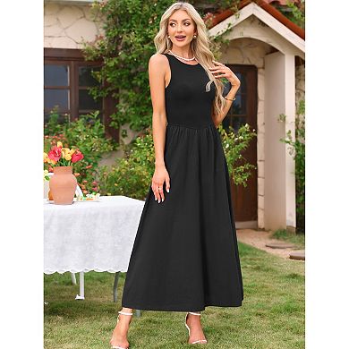Sleeveless Maxi Dress for Women's Patchwork A-Line Crew Neck Stretchy Casual Tank Dress