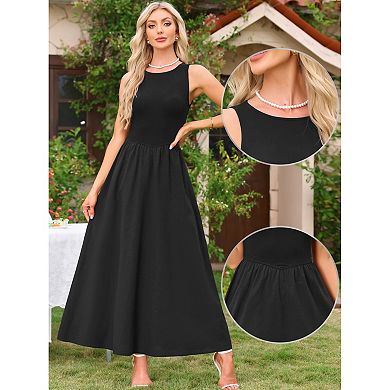 Sleeveless Maxi Dress for Women's Patchwork A-Line Crew Neck Stretchy Casual Tank Dress