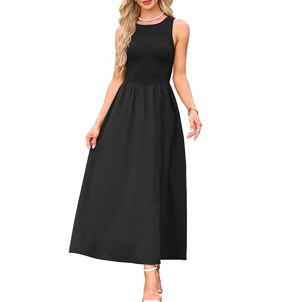 Sleeveless Maxi Dress for Women's Patchwork A-Line Crew Neck Stretchy  Casual Tank Dress