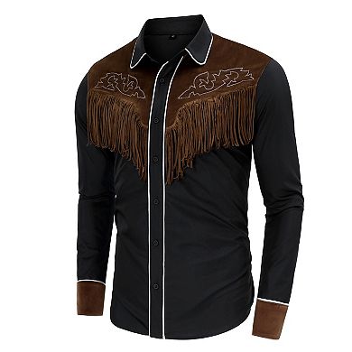 Men's Distressed Suede Patch Shirt, Roll-Up Sleeve Fringe Detail Vintage Festival Top