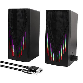 Light Black Computer Speakers Desktop With Colorful Dynamic Lighting Gaming 3.5mm Cable Monitor