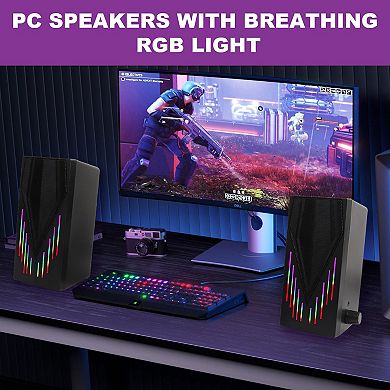 Light Black Computer Speakers Desktop With Colorful Dynamic Lighting Gaming 3.5mm Cable Monitor