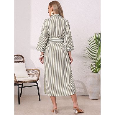 Casual Stripe Shirt Dress for Women's Half Sleeve Button Down Split Belted Midi Shirtdress
