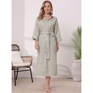 Casual Stripe Shirt Dress for Women's Half Sleeve Button Down Split Belted Midi Shirtdress