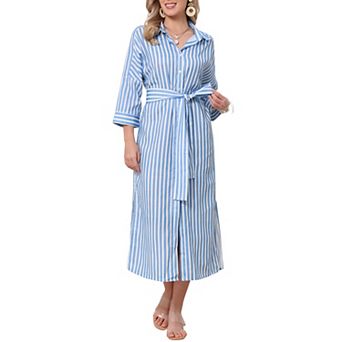 Casual Stripe Shirt Dress for Women's Half Sleeve Button Down Split Belted Midi Shirtdress