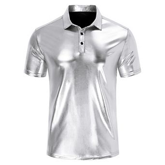 Men's Disco Era Metallic Polo 70s Retro Short Sleeve Party Shirt