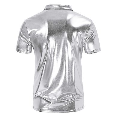 Men's Disco Era Metallic Polo 70s Retro Short Sleeve Party Shirt