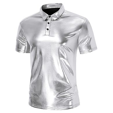 Men's Disco Era Metallic Polo 70s Retro Short Sleeve Party Shirt