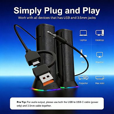 Light Computer Speakers Hi-fi Stereo With Lighting Modes Enhanced Bass Sound Usb/type-c 3.5mm