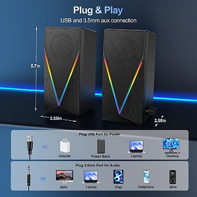Light Computer Speakers Desktop With Colorful Lights Headphone Jack Enhanced Bass Volume Control
