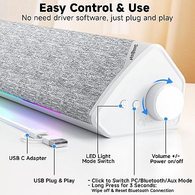 Light Computer Speakers Usb-c/usb Plug-n-play With Dynamic Light Surround Sound Soundbar Rotary
