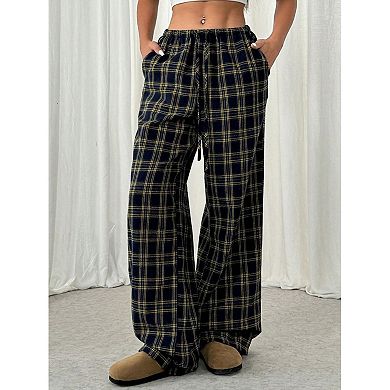 Women's Plaid Pants Elastic Waist Wide Leg Loose Casual Trousers