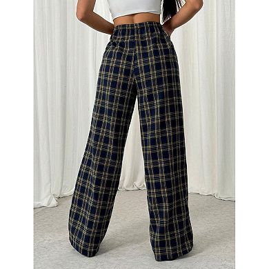 Women's Plaid Pants Elastic Waist Wide Leg Loose Casual Trousers